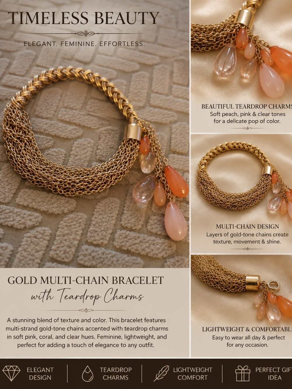 Vintage Gold Multi-Chain Bracelet with Peach & Pink Teardrop Charms